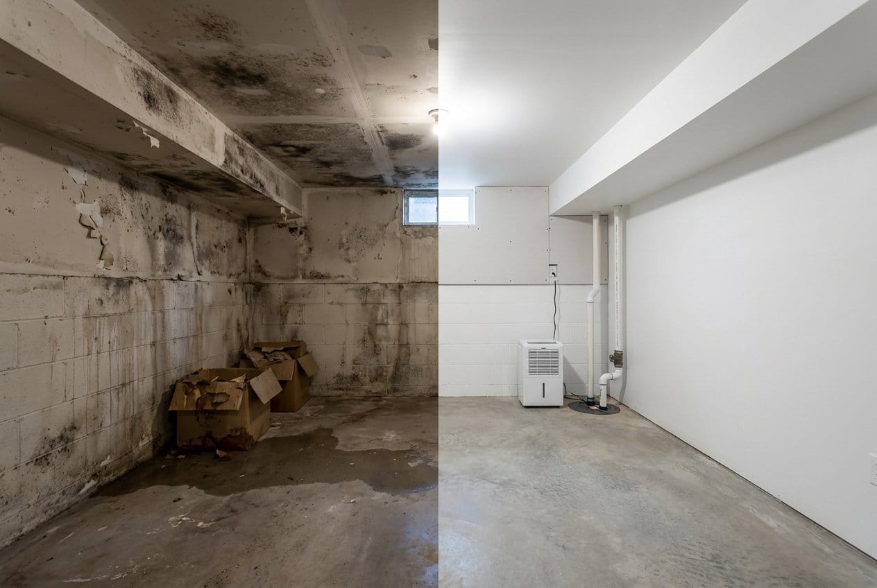 Mold Inspection & Moisture Assessment before and after in residential basement, Franklin Lakes NJ