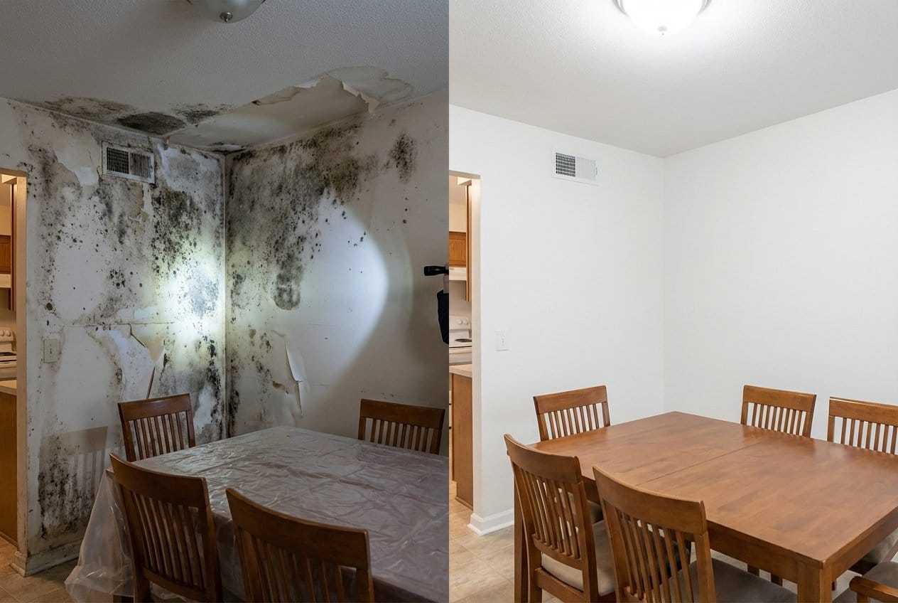 Before and after black mold removal in Franklin Lakes bungalow dining room