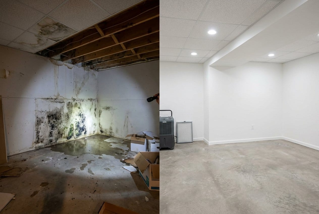 Attic & Crawl Space Mold Removal before and after in finished basement, Franklin Lakes NJ