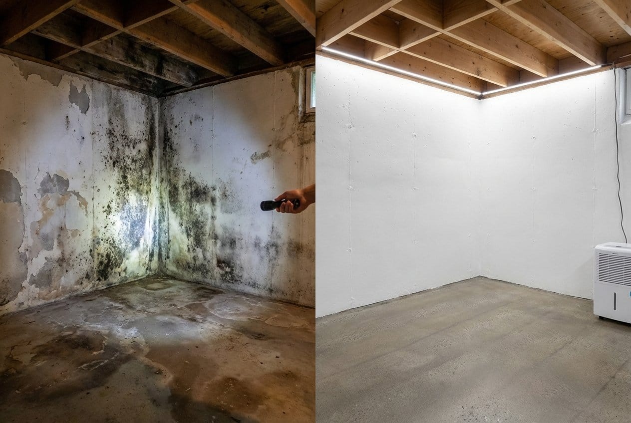 Basement & Foundation Mold Removal before and after in residential basement, Franklin Lakes NJ