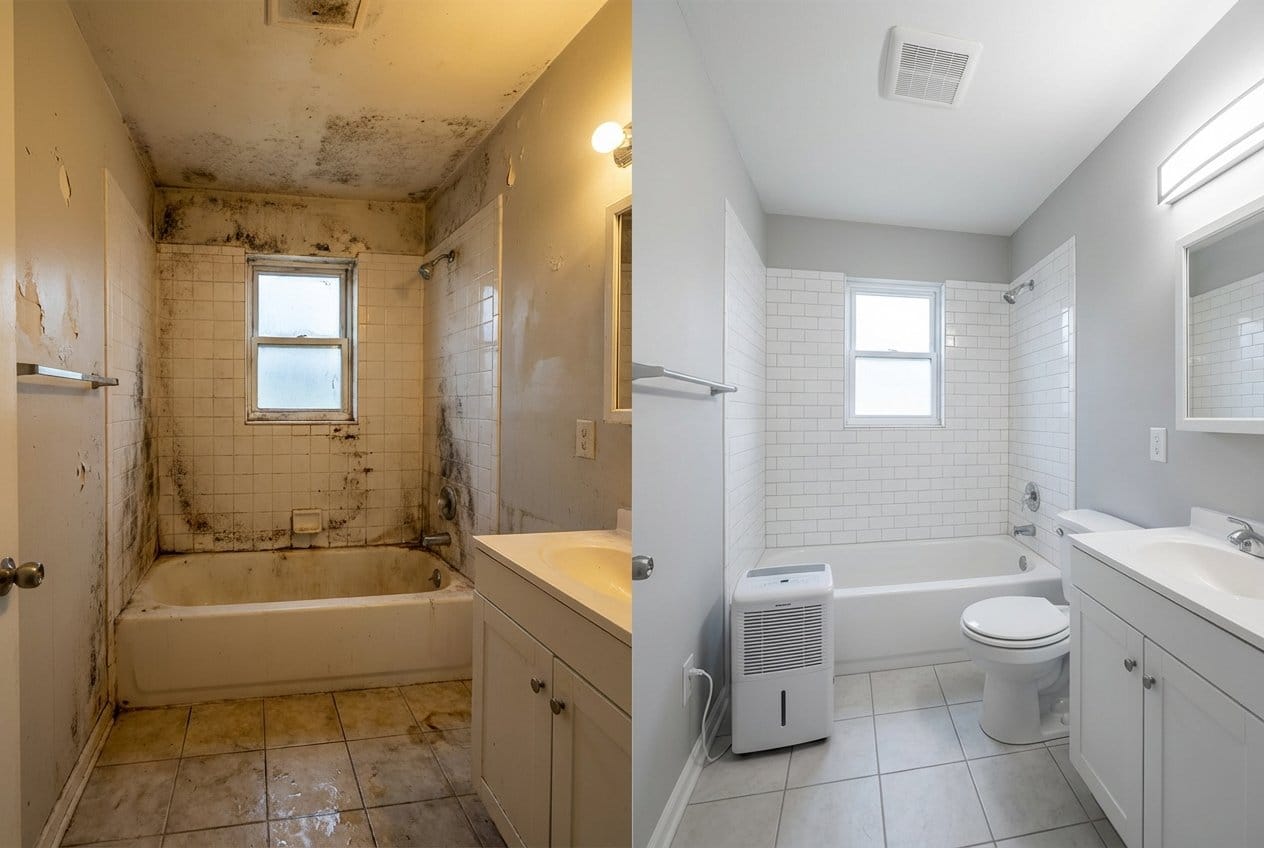 Before and after basement & foundation mold removal in Franklin Lakes private residence bathroom