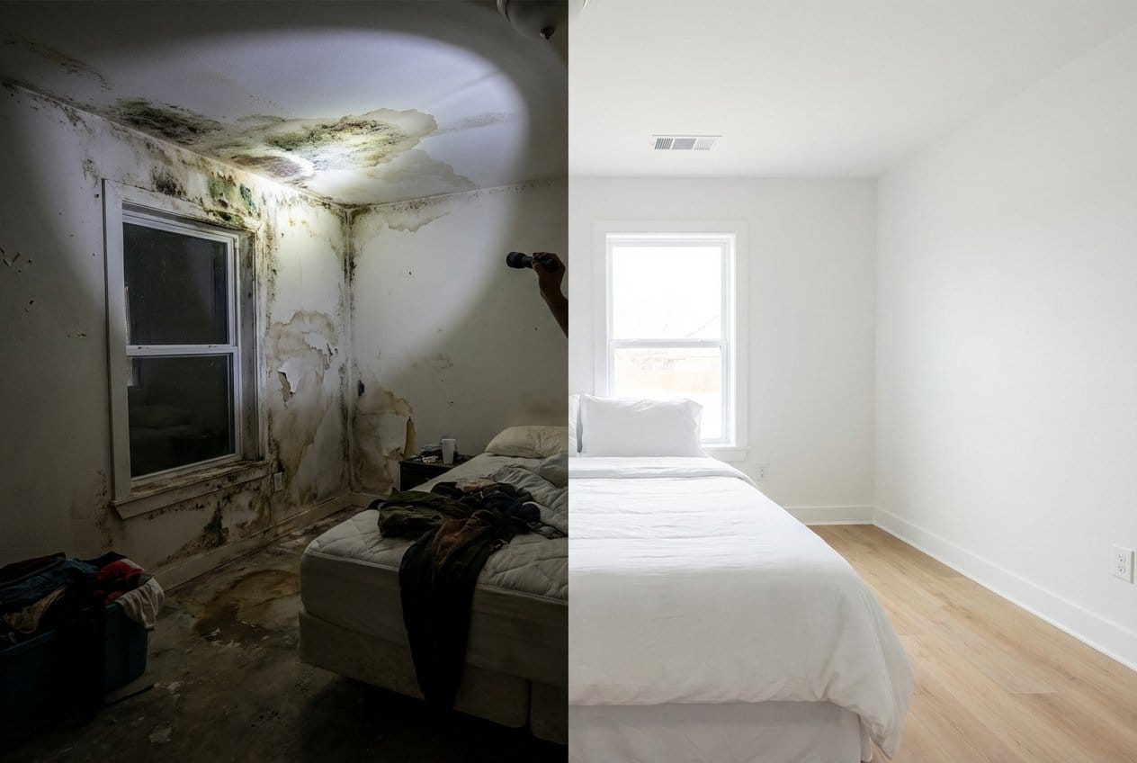 Before and after bathroom & kitchen mold removal in Franklin Lakes bi-level home bedroom