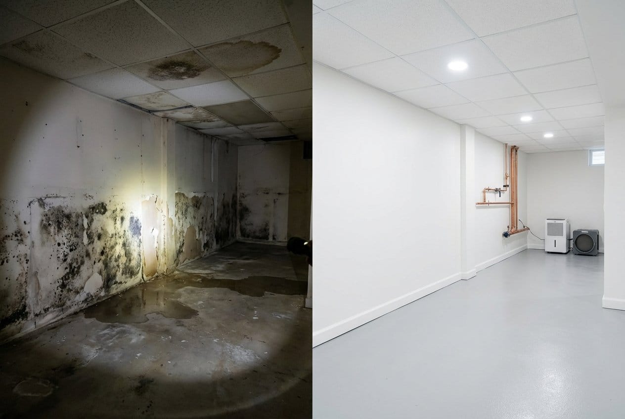 Humidity & Moisture Control Solution before and after in finished basement, Franklin Lakes NJ